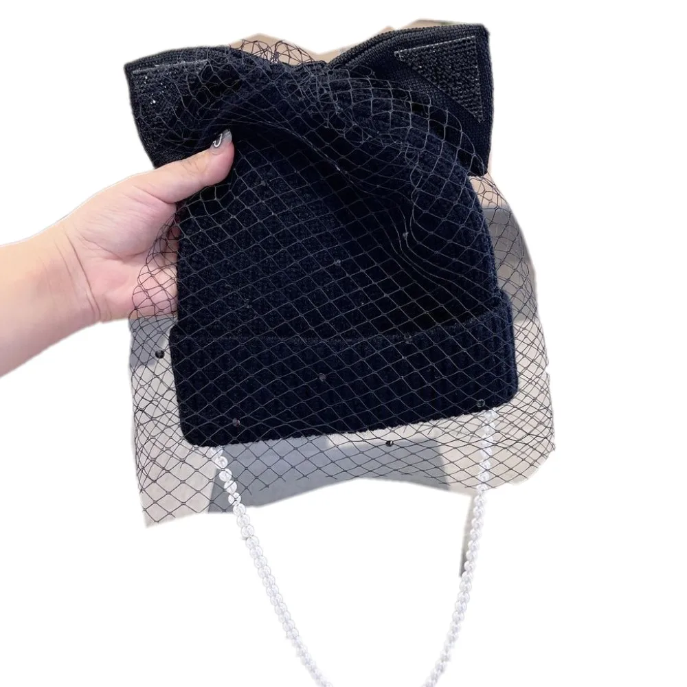 2024 new fashion women bowknot chain mesh veil beanie caps acrylic knitted winter hats autumn winter warm beanie cap cat ear hat