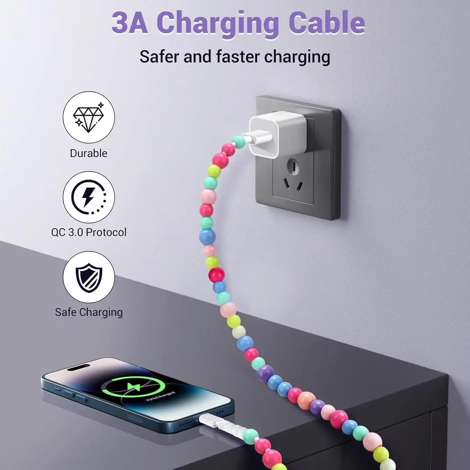 Кабель USB C 66 Вт быстрый USB-C зарядный кабель 3.3FT стильный и прочный с бисером iPhone 16 Pro 15 Max/Pro/Plus Samsung