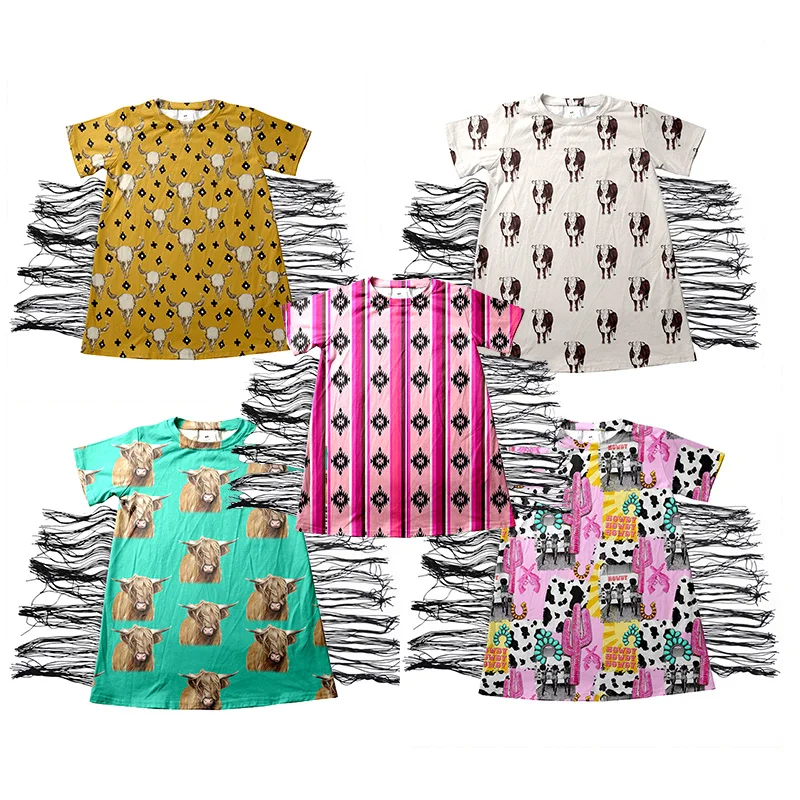 New Arrival Howdy Print Baby T Shirt Dress Western Girls Dresses With Black Fringe 0-16 Years Old Fashion Kids Clothes