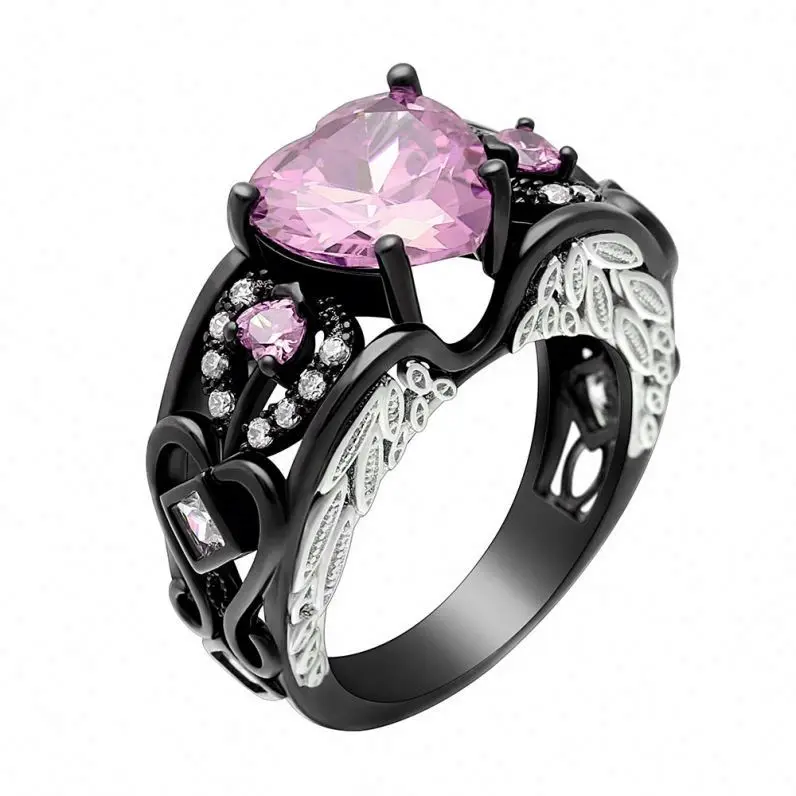 Engagement Rings For Women 2022 Black Gold Heart-Shaped Purple/Red Zircon Fashion Wedding Ring