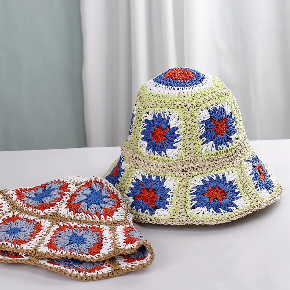 Bohemian Style Womens Straw Hats Weave Hollow Flower Bucket Hat UV Protection Sunhat Visors Ladies Summer Beach Hat Cap