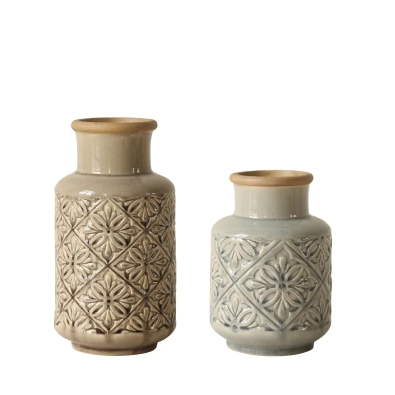 
Embossed pattern retro vase ornaments home accessories American ceramic floral high and low models 
