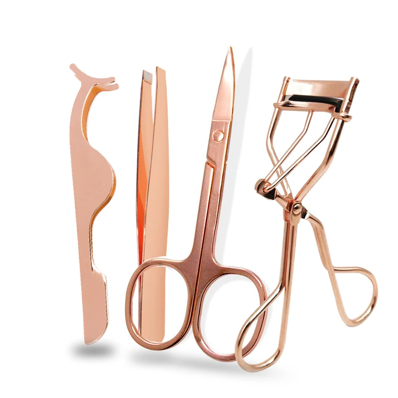 4-pieces Stainless Steel Eyelash Curler Rose Gold Eyelash Applicator Eyebrow Tweezers Set