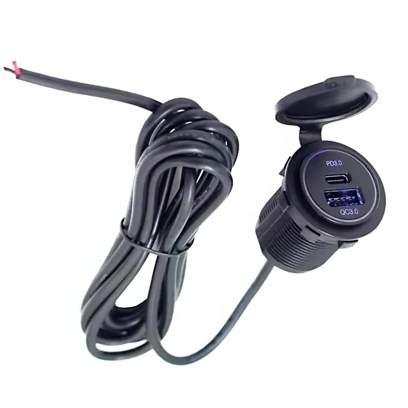 12V-24V Install Usb Port In Car Fast Charging Usb C Pd 12V QC3.0 And Type C Pd Dc Dual Usb Power Socket Outlet With 22AWG cable