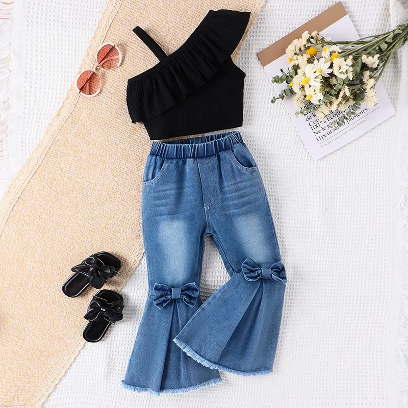 2024 New style summer baby girl sleeveless one shoulder tank top +flared jeans pants 2 piece outfit clothing set