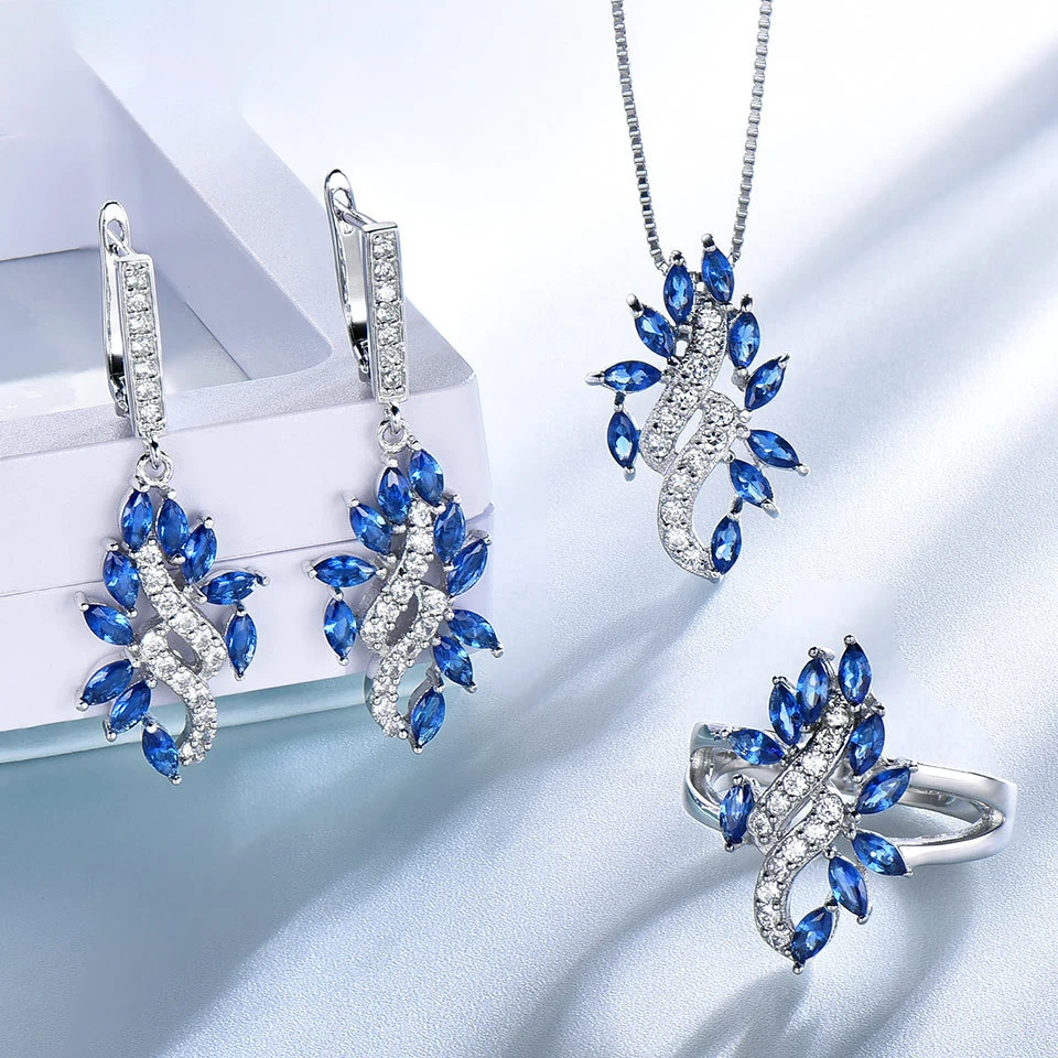S925 silver female sapphire leaf wild diamond pendant earrings ring three-piece jewelry necklace sets for women