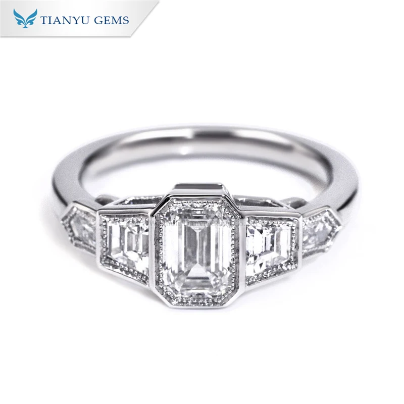 Tianyu gems customized bezel setting 10k pure white gold material emerald cut lab diamond engagement ring