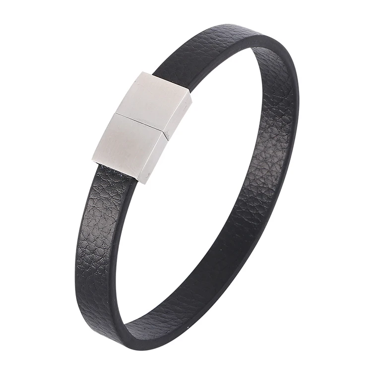 customized magnetic clasp personalized black leather bracelet for men