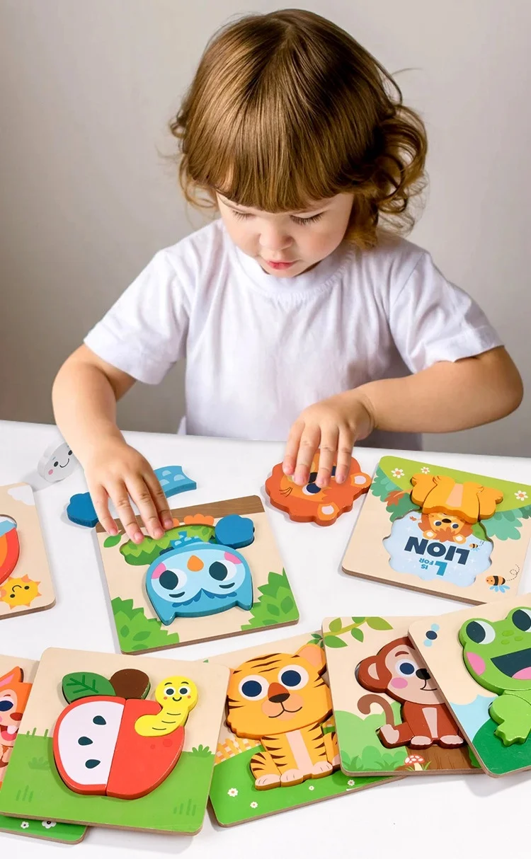 Cute Lion Montessori 3D Jigsaw Solid Wood Early Learning Toys for Preschool Kids Travel Game Gift for Boys Girls New Puzzle