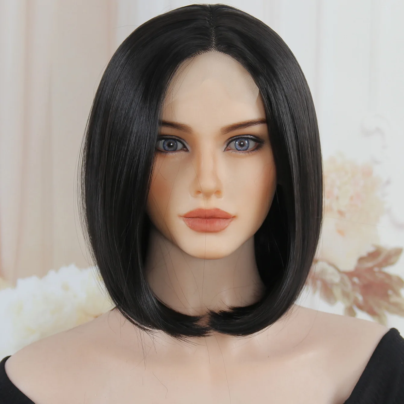 Factory Direct Supply Female Full Head Cover Short Straight Black Lace Front Synthetic Chemical Fiber bob Wig