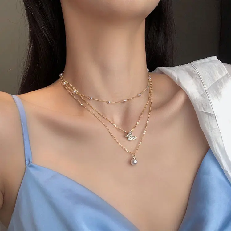 Hot Selling Multilayered Necklaces Shiny Pearl Light Luxury Butterfly Adjustable Necklaces Women Girls