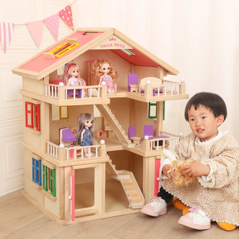 High Quality Amazon Hot Sale Pretend Toy Kids Wooden Doll Villa with Doll Room Furniture Doll House