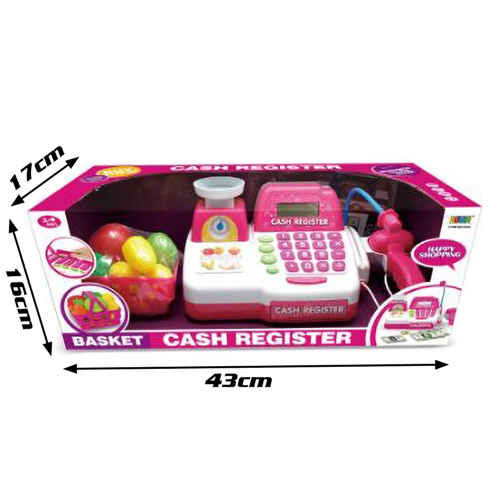 Role Play Cash Register Toy Pretend Shopping Role Play Supermarket Pink Toy with Calculator Scanner Mic for Girls Boys Kids