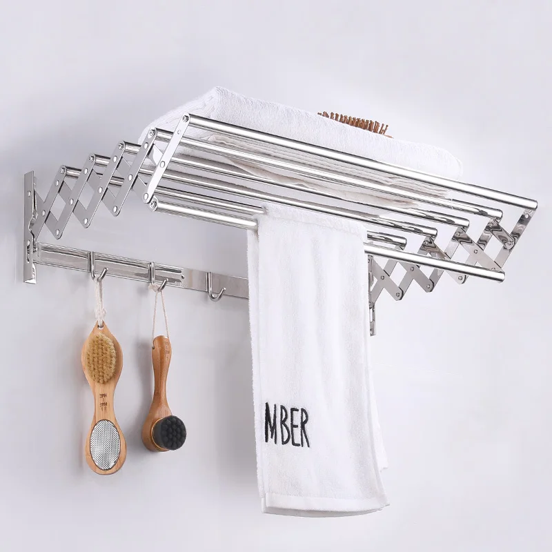 Stainless Steel Retractable Expandable Towel Rack Wall Mounted Drying Rack Folding Clothes Hanging Towel Holder