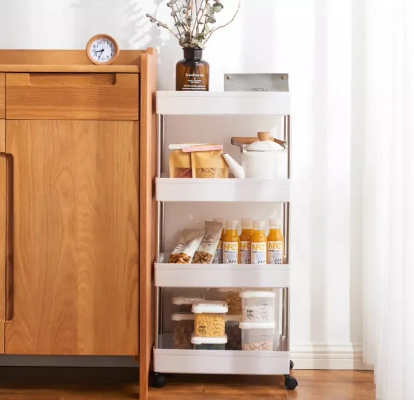 Plastic Removable Bathroom Kitchen Storage Rack with Hook multi-Tier Plastic Storage Shelf Rack with moving wheels