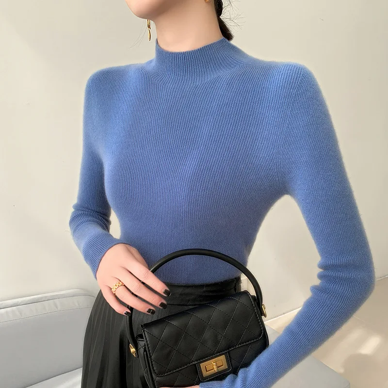 Autumn and winter slim fit cashmere bottoming shirt solid color sweater knitted wool pullover for women