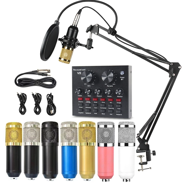 Professional Soundcard Streaming Podcast Recording Studio Equipment Audio Interface V8 Sound Card and BM800 Condenser Microphone