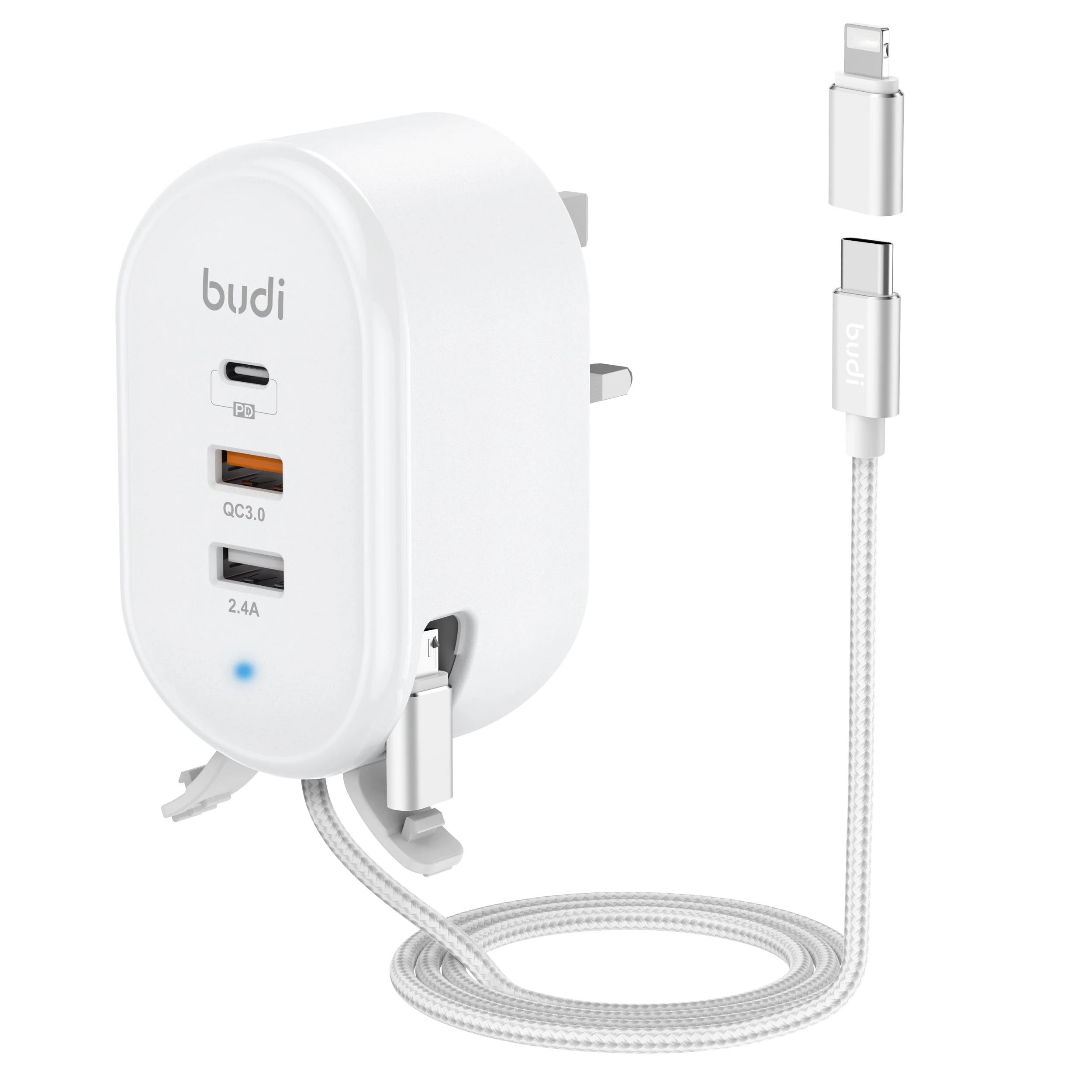 
BUDI multi functional 30W PD and QC fast charger micro adapter with type c cable 