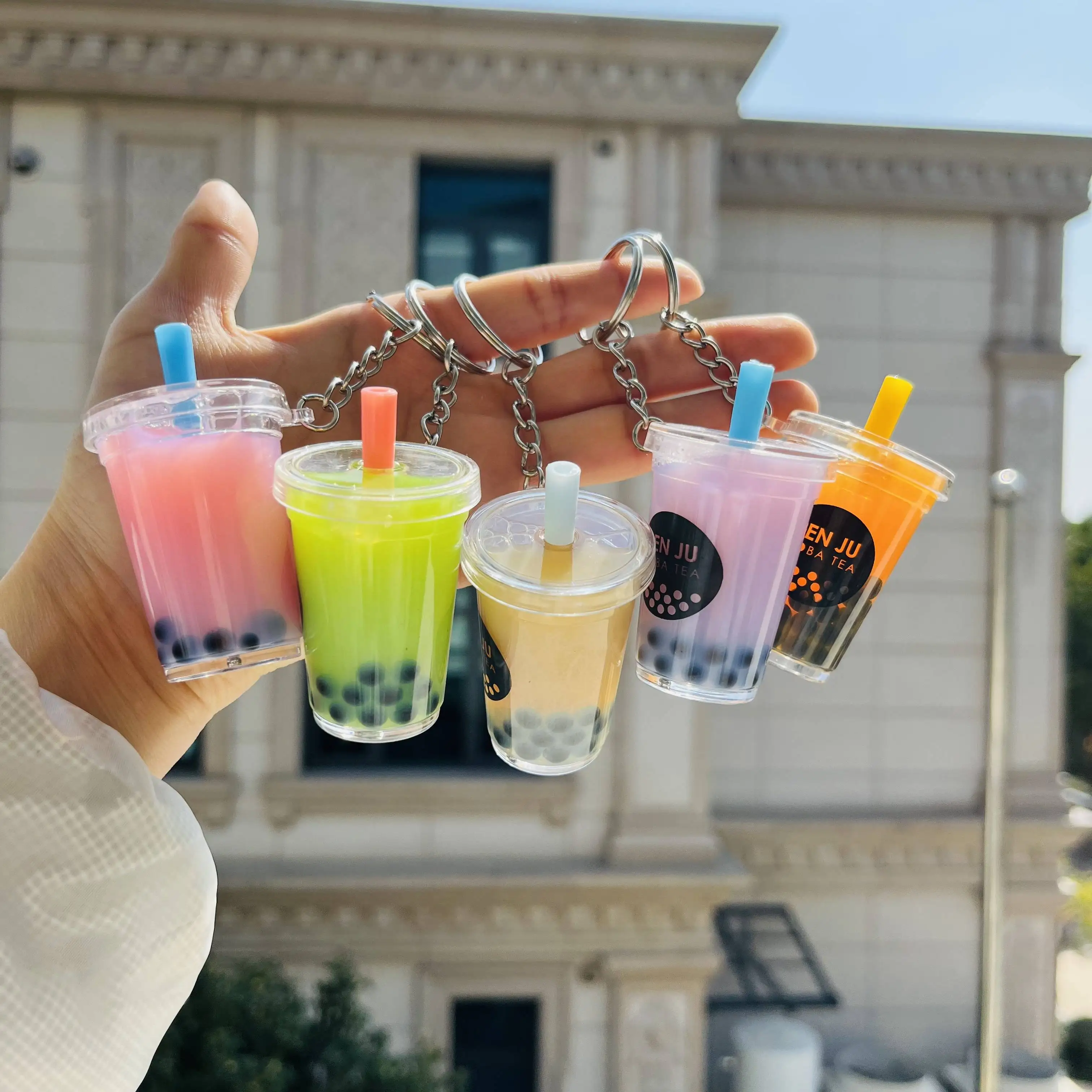 Qijie милый Жидкий брелок на заказ Boba Tea с жемчужным кубиком льда