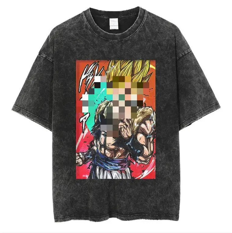 2024 new fashion Anime Cartoon 100 cotton 240g High Street Vintage Wash Print Short Sleeve T-Shirt clothing for men