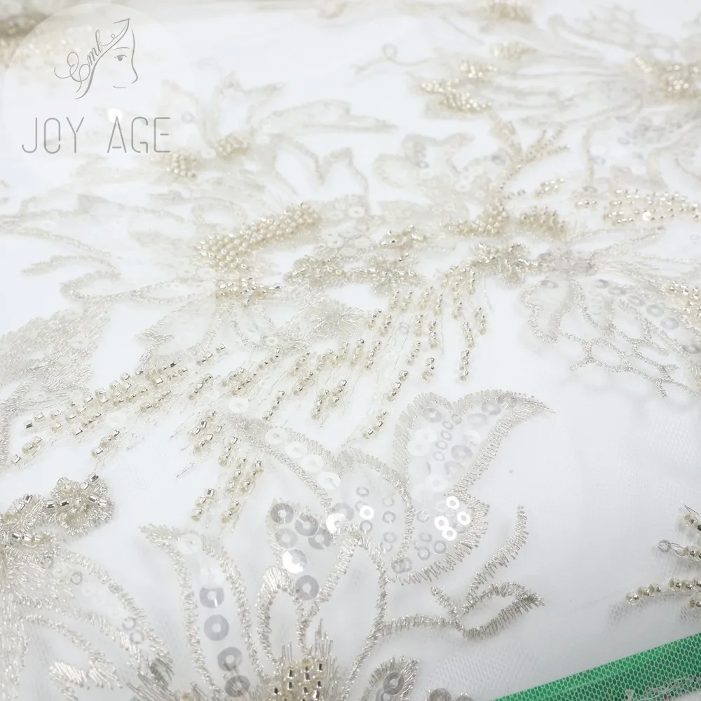 Office White 3d Flowers Tulle Heavy Sequined And Pearl Beaded Embroidery Border Laces Fabrics For Bridal Gown Clothing