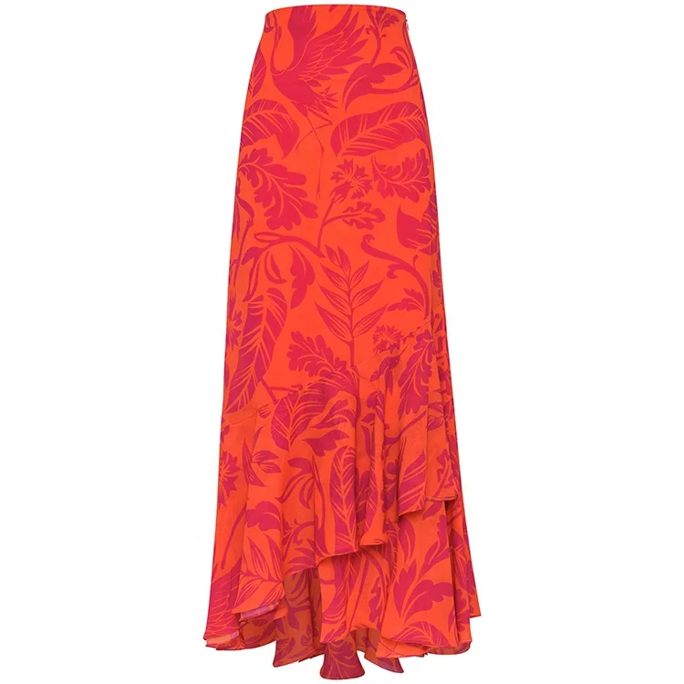 Custom Tailor- made Collection Supported Slim Fit Tiered Ruffle Hem Custom Pattern Cotton Stretchy Maxi Skirt
