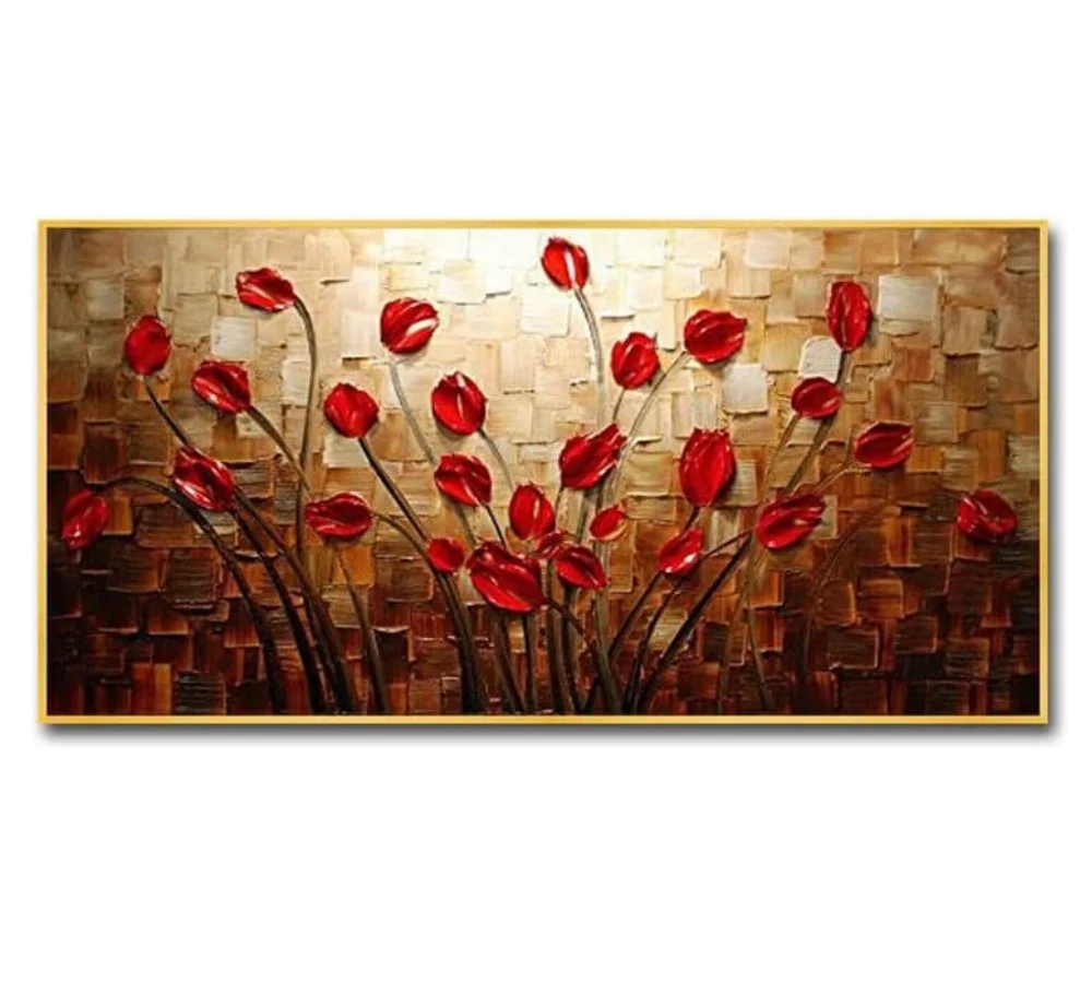100% Real Hand Painted Oil Painting on Canvas,Abstract Color Art Red Flower Oil Painting for Home Wall Art Decoration