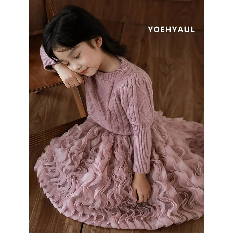 YOEHYAUL D3023 оптовая продажа однотонные зимние свитера для маленьких девочек трикотажные детский вязаный свитер