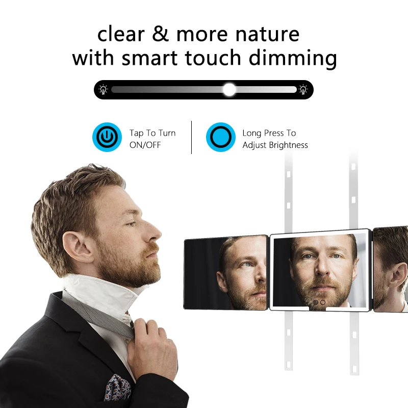 fold 3 way make up mirror 360 hanging mirror self cut hair with led rechargeable light