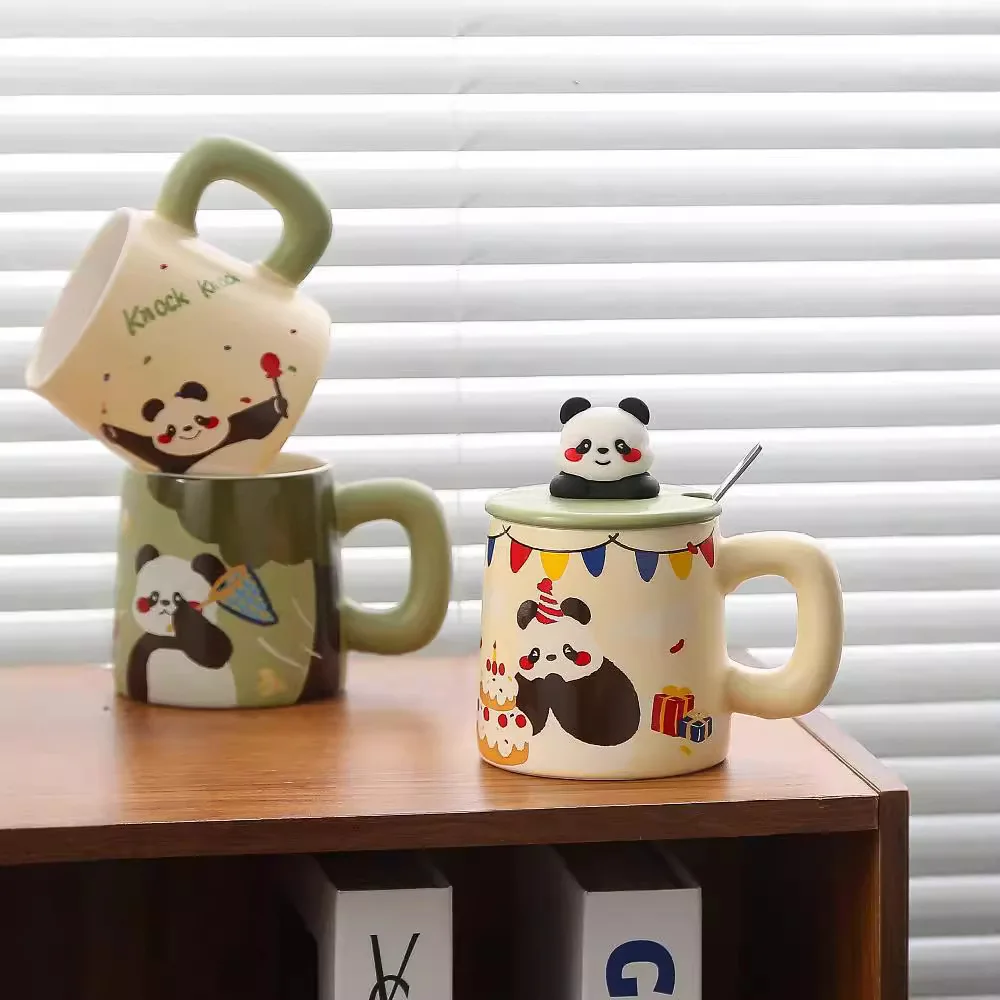 High-value cup cute panda ceramic cup with lid ladle water cup set gift for girlfriends and boyfriends