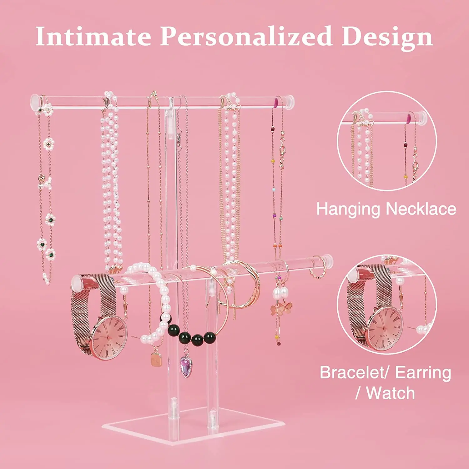 Luxury 2 Tier Round Bracelet Tower Display Stand Clear Jewelry Necklaces Organizer Holder Acrylic T-bar Jewelry Display Set