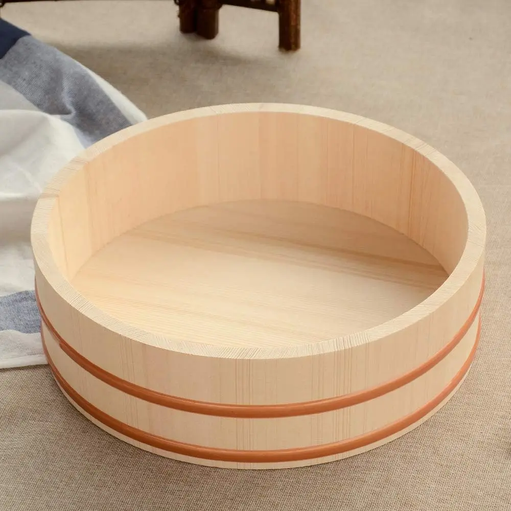 11.8 Inch Round Pine Wooden Sushi Rice Bowl Hangiri Sushi Oke Rice Mixing Tub Bucket