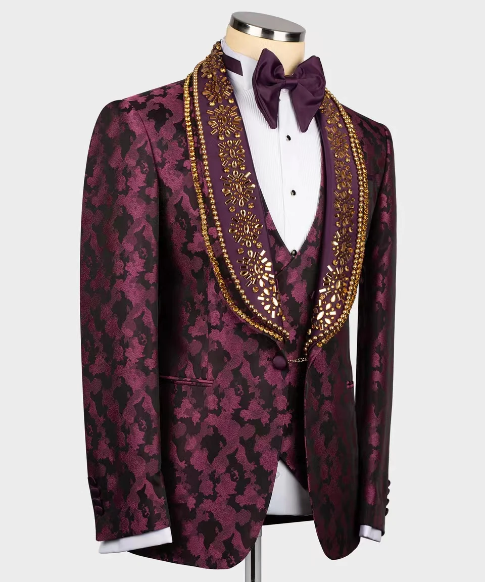 Business Suits Bridegroom Wedding Dress Party Ceremony Pure Tuxedos  diamond red suit