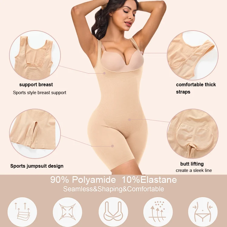 Wholesale butt lifting open bust full body shaper seamless body shapewear women mid thigh bodysuit