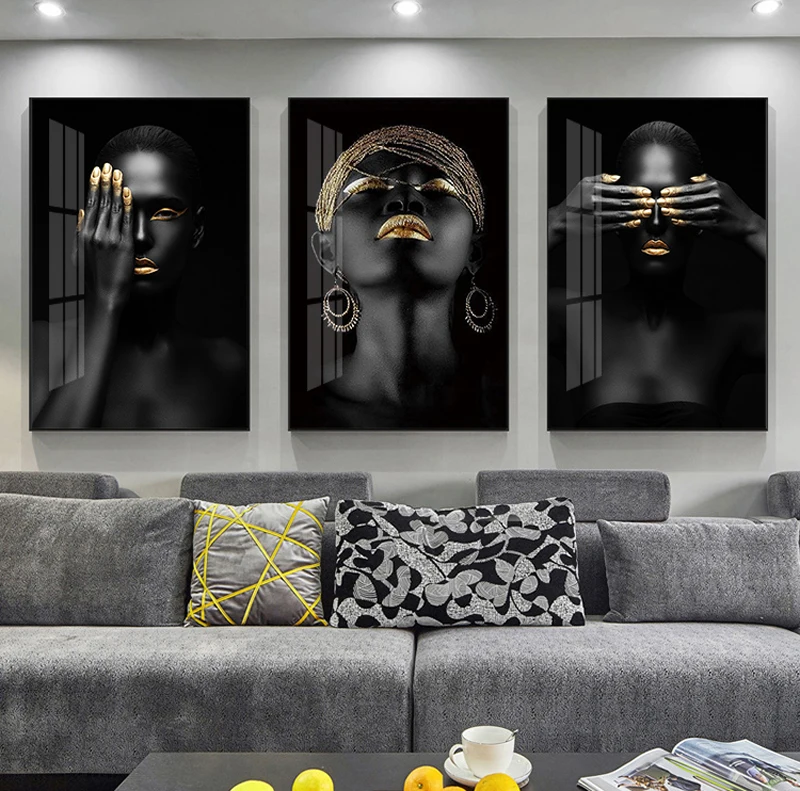 Black Gold African Modern Black Beauty Nordic Glass Luxury african Woman Crystal Porcelain wall painting