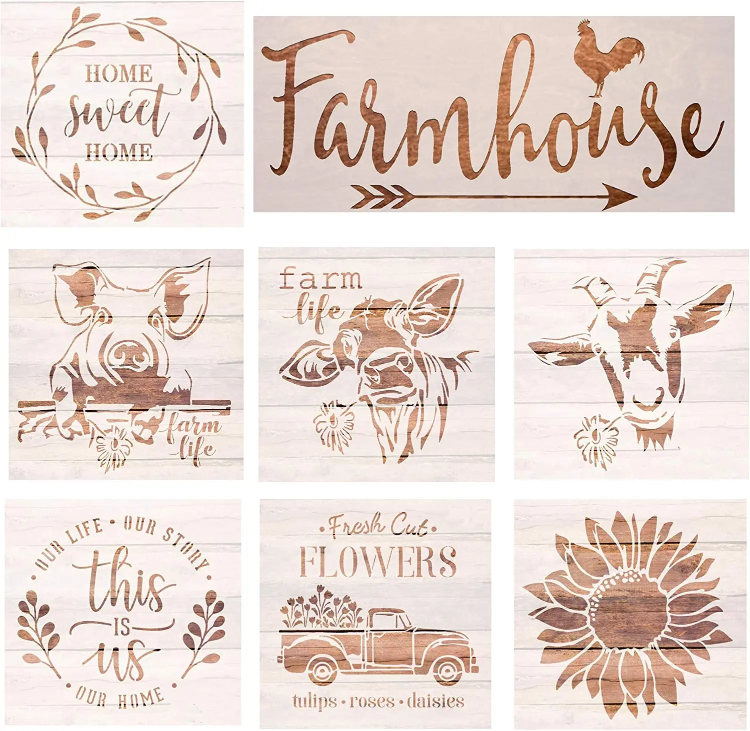 Farmhouse Stencils Farm Theme Reusable Stencils for Painting on Wood Cow Sunflower Vintage Truck Stencil for Scrapbooking