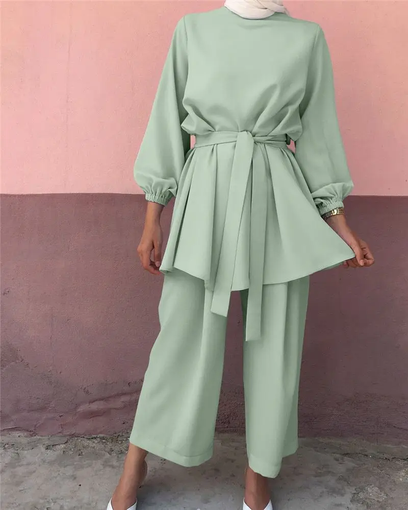New Trendy Solid Tunic Pant Suit Muslim Women Clothing Tunics
