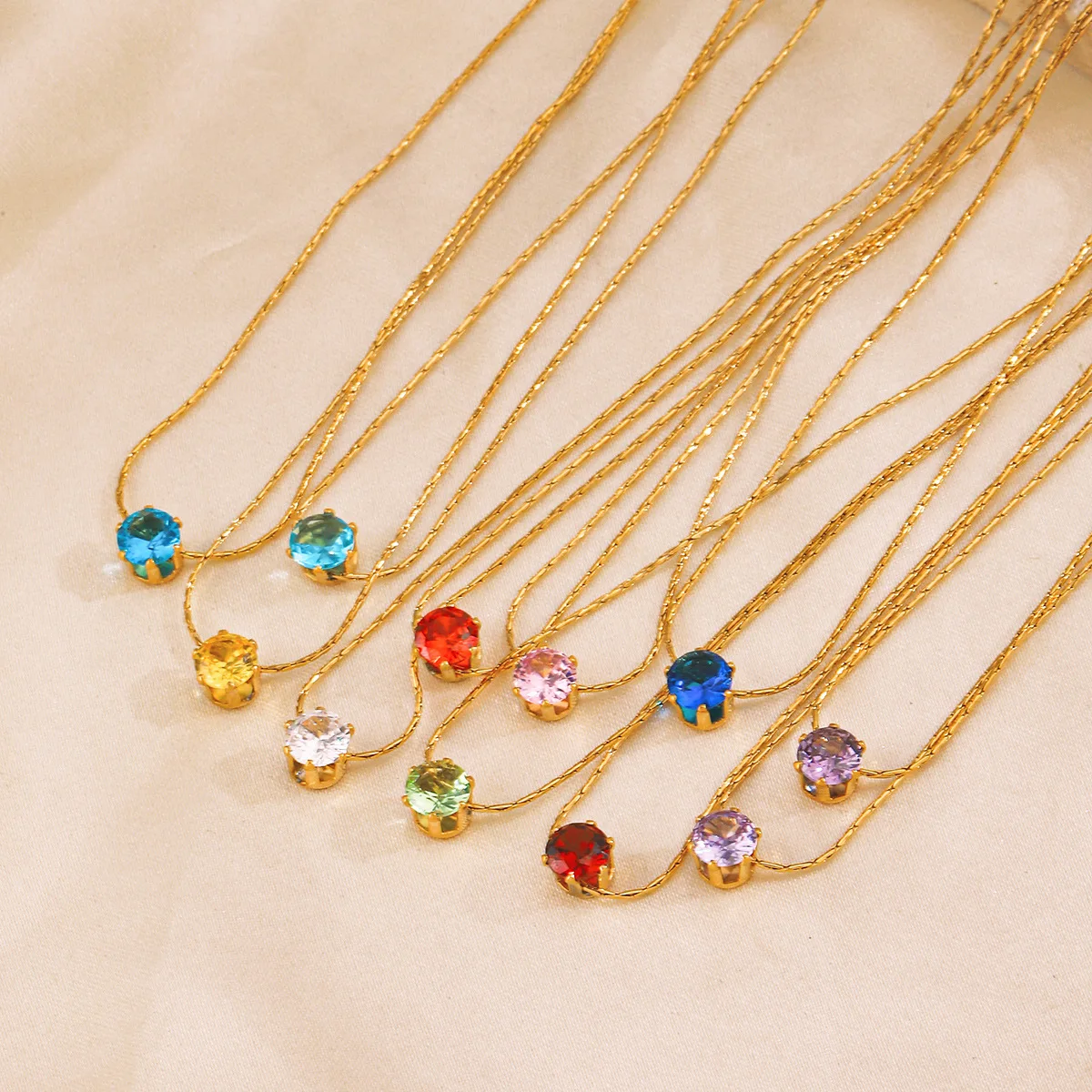 Wholesale Colorful CZ Birthstone Necklace Round Stainless Steel Chain Necklace Fashion Birth Stone Zircon Necklace For Custom
