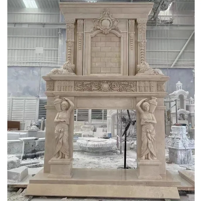 Каминная полка в западном стиле декоративный камин из натурального мрамора бежевого известняка кремового цвета для дома на продажу