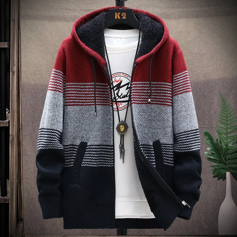 Sweater Coat Fashion Patchwork Cardigan Men Knitted Sweater Jacket Slim Fit Stand Collar Thick Warm Men Cardigan Coats