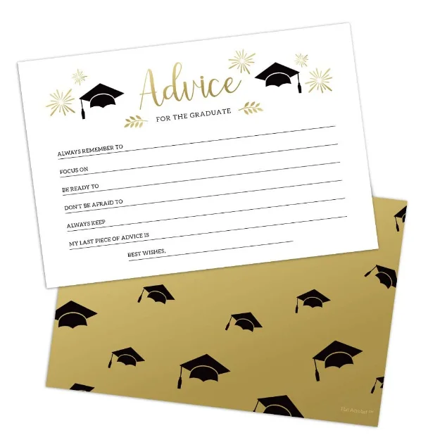 Customized Hot sale high school university funny black and gold party games 25 rustic graduation advice words of wisdom cards