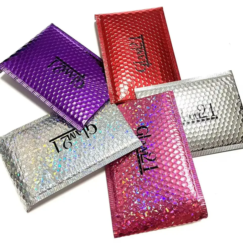 Custom Logo Thick Padded Envelope Shipping Bag 4x8 6x10 Iridescent Holographic Poly Bubble Mailer Metallic Packaging Bag