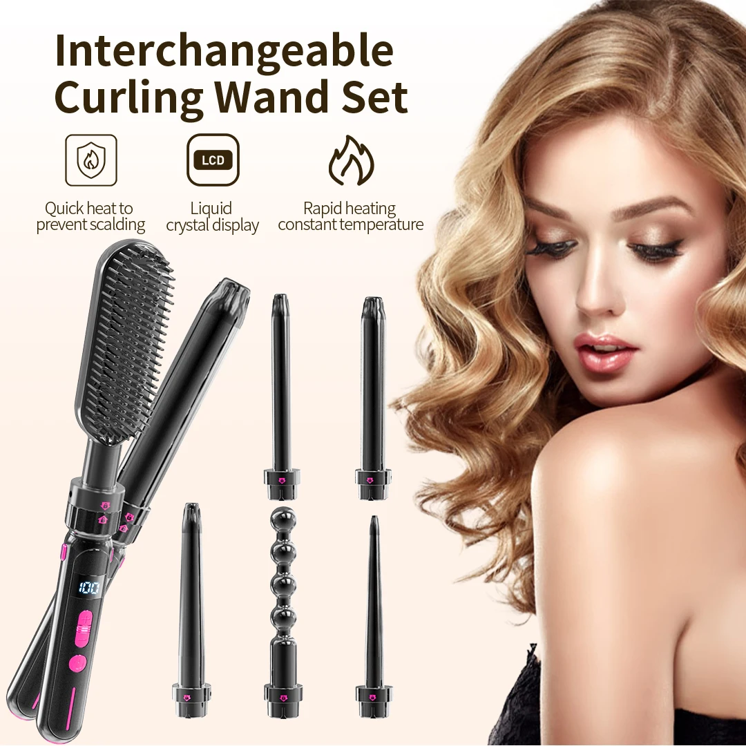 Hot 7 In 1 Barrel  Salon Ceramic Curling Tools Wand Waver Crimp Iron Professional Interchangeable Hair Straightener