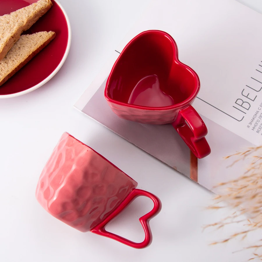 2024 Couple Gift Love Heart Shaped Handle Porcelain Coffee Cup Cute Custom Logo Red Ceramic Heart Mug