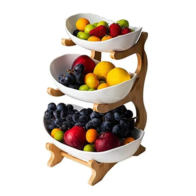 Large Capacity Dried Fruit Basket Display Stand Candy Snack Ceramic Dish 3 Tier Bamboo Shelves For Vegetable And Fruit