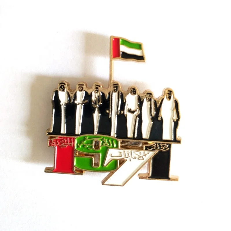 Wholesale printing UAE two people holding flag light weight stainless iron badge for souvenir