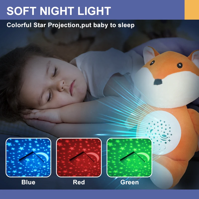 Stuffed Toys Fox Baby White Noise Dolls With Projector Night Light Musical Soft Soothing Toy Sleeping Baby Doll