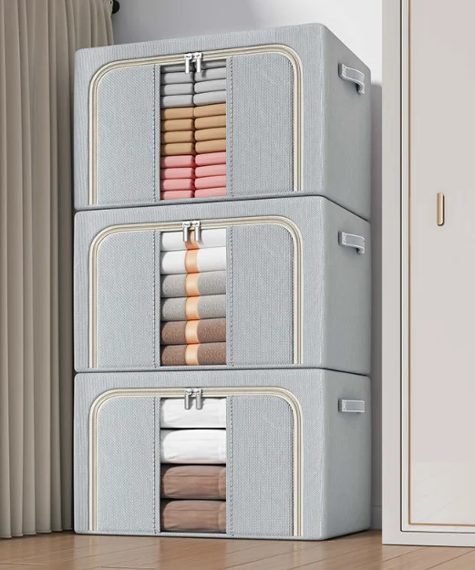 Solid color steel frame storage box foldable closet system organizer transparent storage clothes bins toy storage box