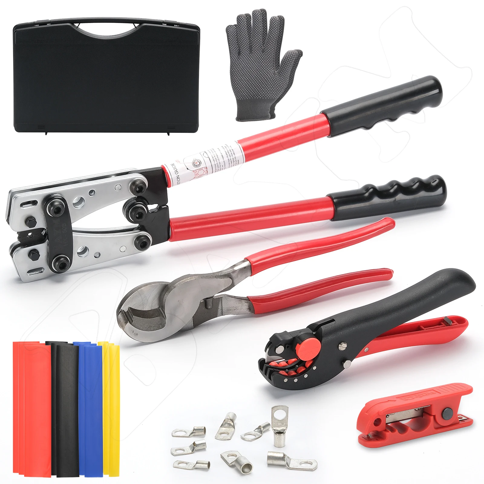 Battery Cable Lug Crimping Tool Kit For Copper Battery Cable Crimper with Stripper 60pcs Copper Battery Lugs/Heat Shrink Tubes