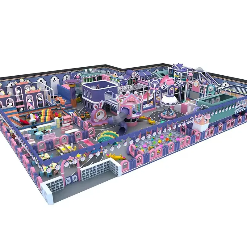 Build a large and fully decorated indoor playground game center for children and adults in the mall